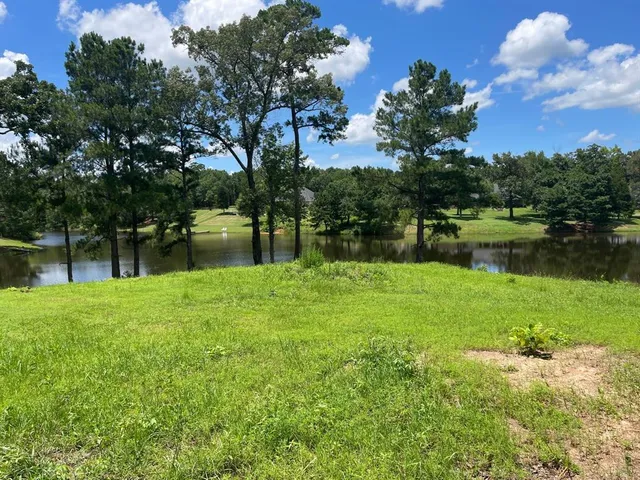a backyard of a house with lots of green space and lake view