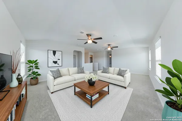 a living room with furniture potted plant and a flat screen tv