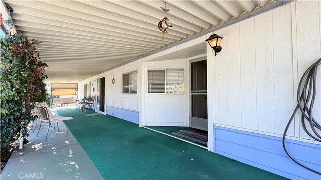 a porch with seating space