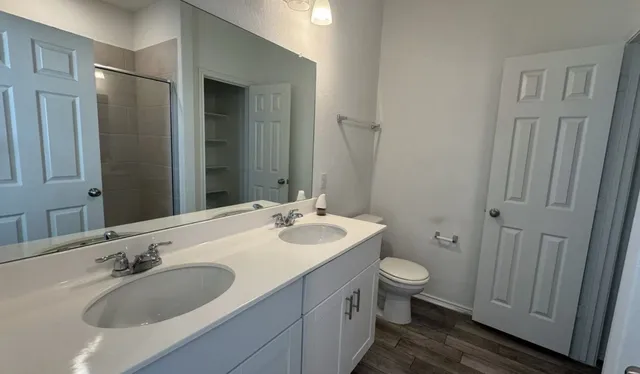 a bathroom with a sink and mirror with toilet