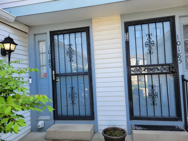 a view of front door with potted plants