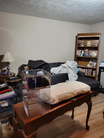 a living room with furniture and a bookshelf
