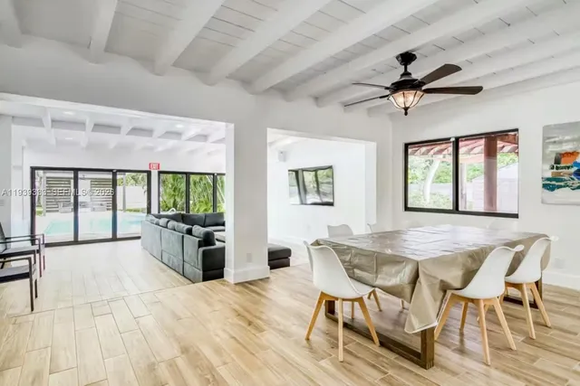 a view of a dining room with furniture window and outside view