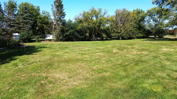 a view of a field with trees in the background