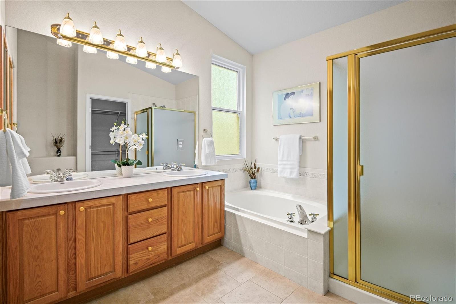 10230 Rustic Redwood Way Highlands Ranch, CO 80126 - Photo 27 of 50 a bathroom with a tub a double vanity sink and mirror