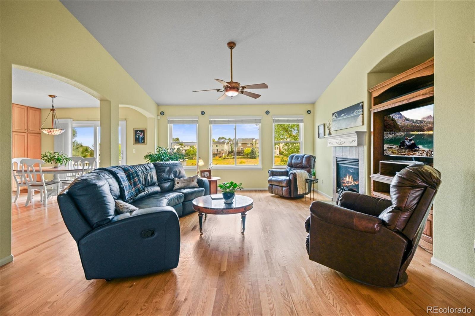 10230 Rustic Redwood Way Highlands Ranch, CO 80126 - Photo 9 of 50 a living room with furniture fireplace and a large window