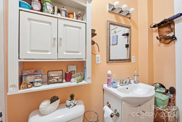 a bathroom with a sink mirror and vanity