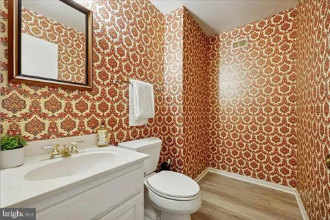 a bathroom with a sink toilet and mirror