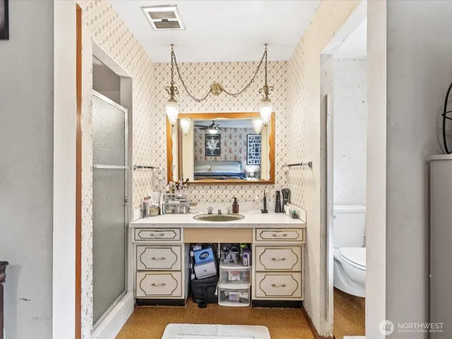 a bathroom with a sink a mirror and a shower