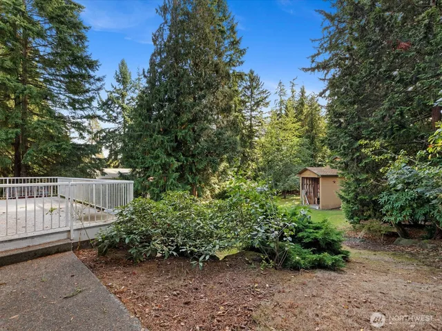 a view of a backyard with swimming pool