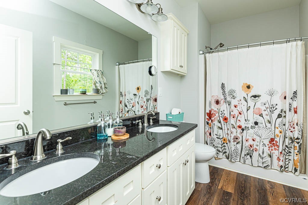 4111 Cedar Plains Road Sandy Hook, VA 23153 - Photo 15 of 28 a bathroom with double vanity sinks a mirror and a shower curtain