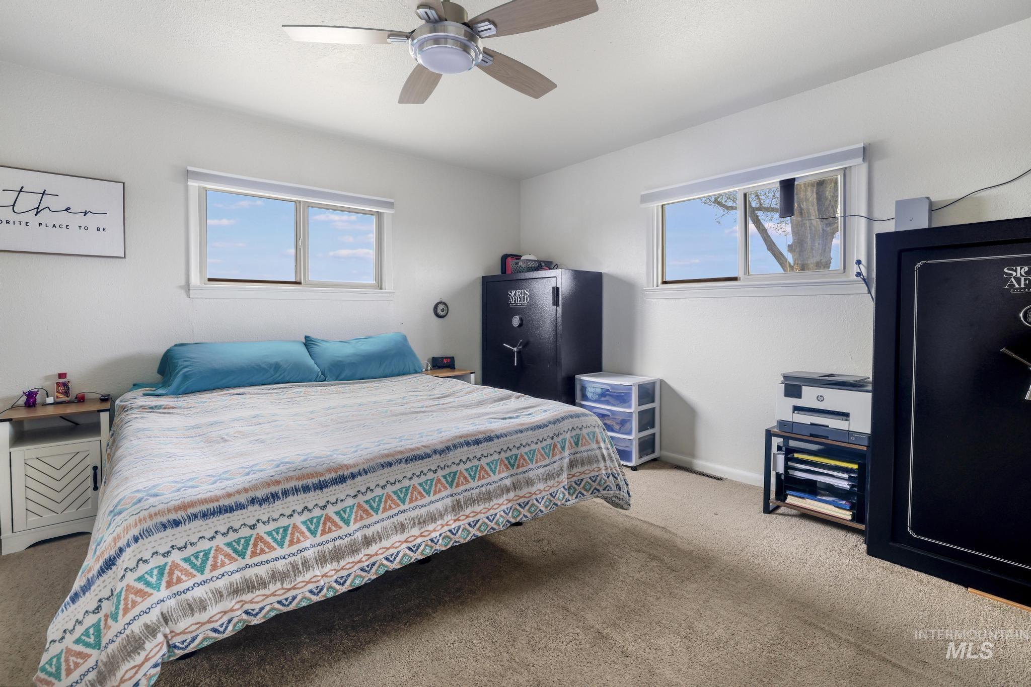 88 South 400 Road West Jerome, ID 83338 - Photo 22 of 31 Bedroom featuring light carpet, multiple windows, and a ceiling fan