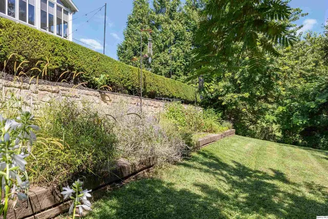a view of a house with a small yard and plants