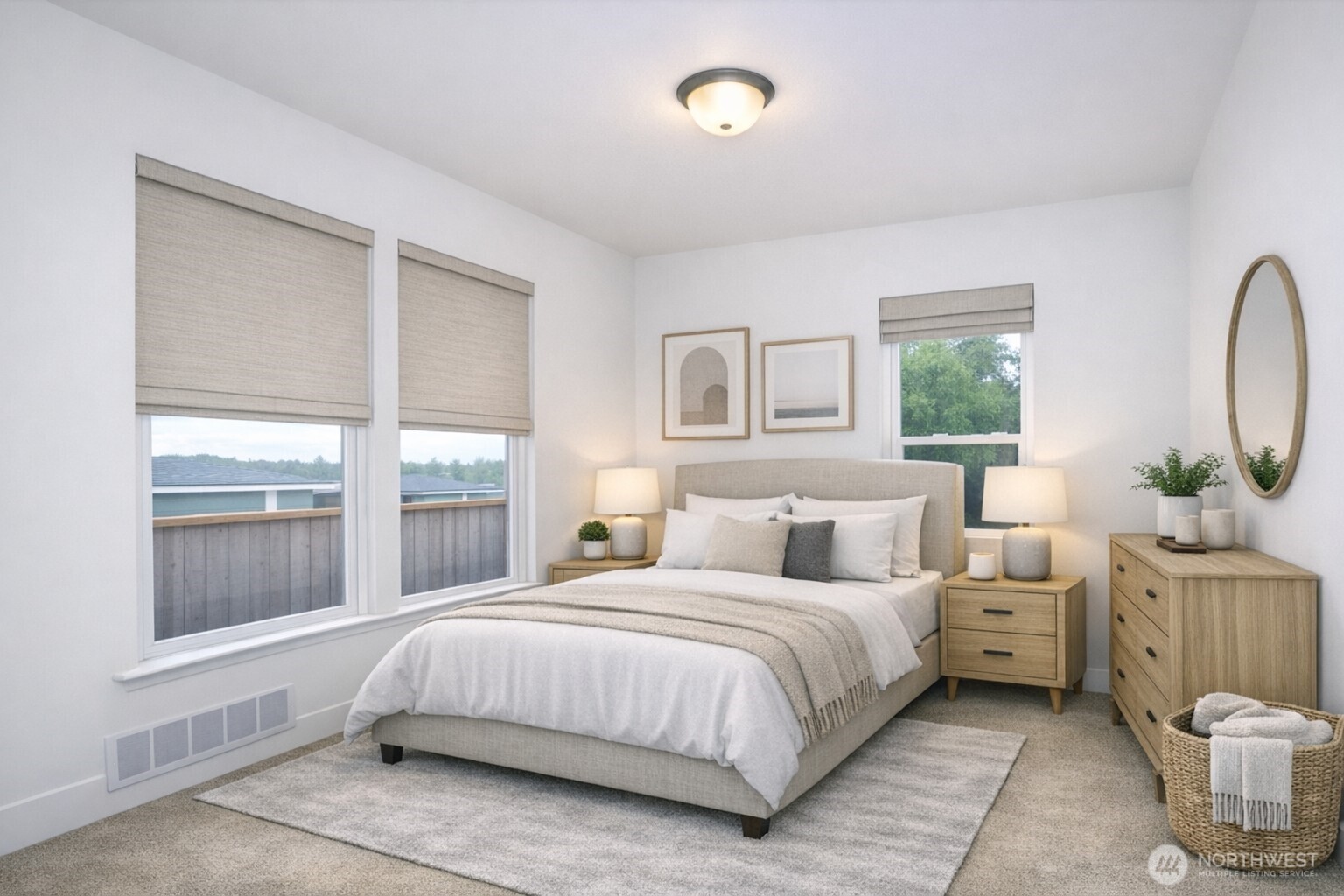 65 Gerard Lane Friday Harbor, WA 98250 - Photo 13 of 21 a bedroom with a bed a mirror and a large window