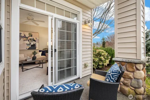 a view of a patio with couches and a potted plant on a bench