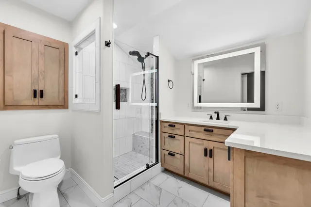 a bathroom with a sink and a shower