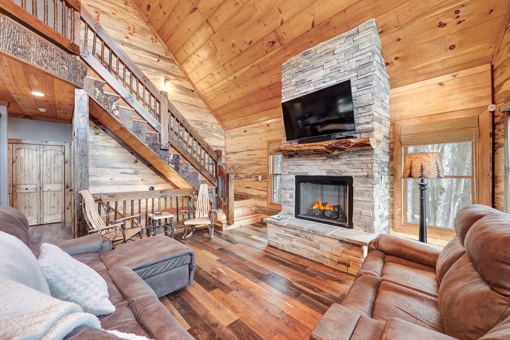 1601 Shady Falls Road Blue Ridge, GA 30513 - Photo 16 of 78 a living room with furniture a flat screen tv and a fireplace