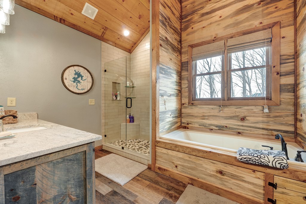 1601 Shady Falls Road Blue Ridge, GA 30513 - Photo 39 of 78 a bathroom with a granite countertop sink and a shower