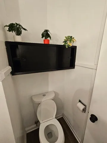 a bathroom with a toilet and a shower curtain
