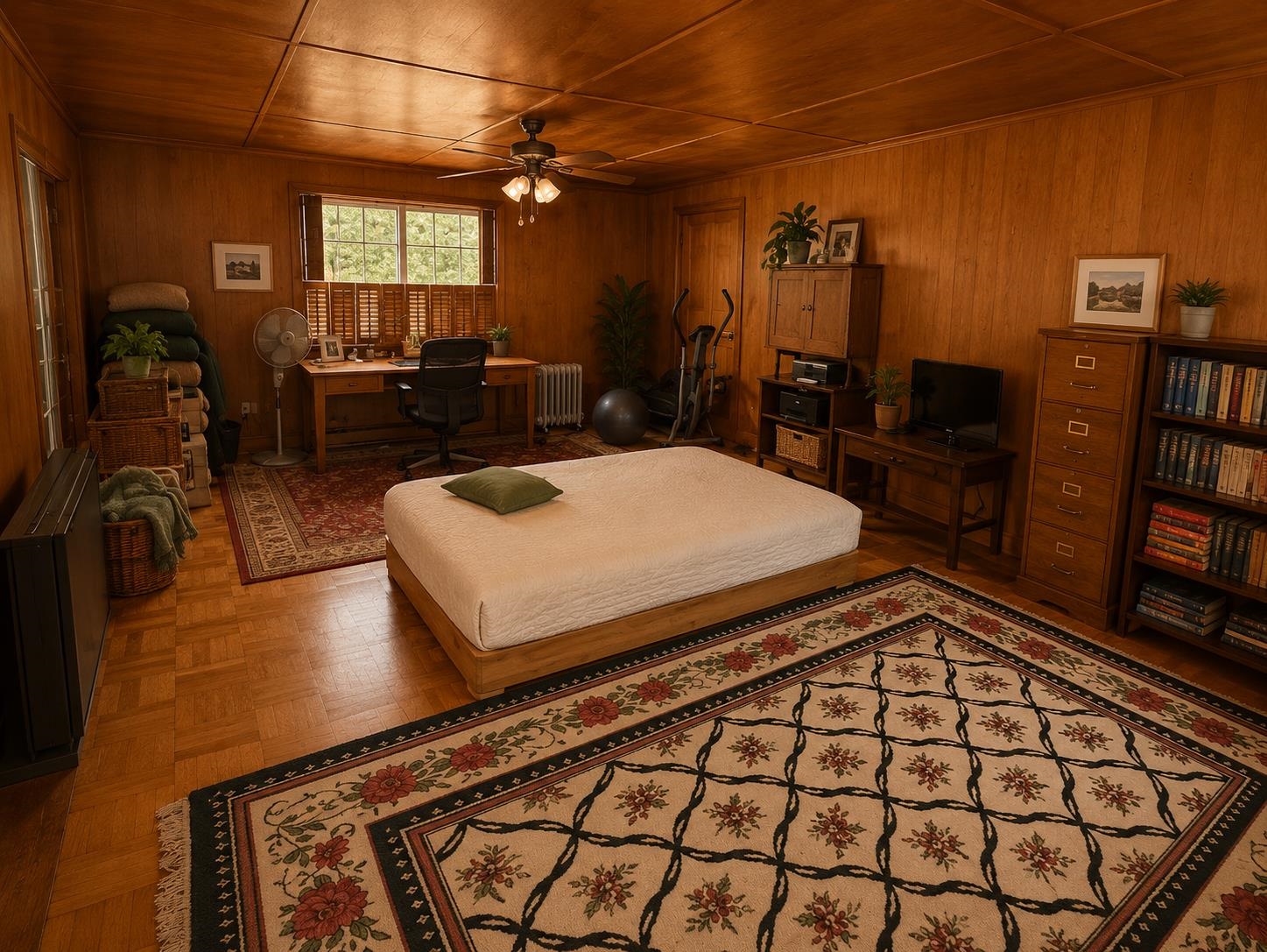 7280 Walsh Road Millington, TN 38053 - Photo 25 of 34 Room featuring wood paneling, wood-finish flooring, a window with horizontal blinds, and a ceiling fan