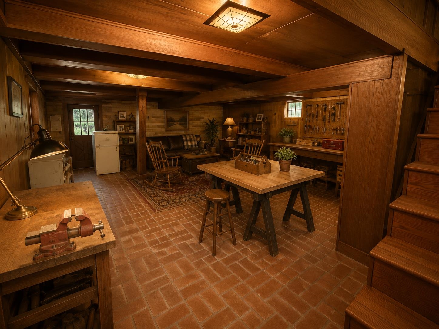 7280 Walsh Road Millington, TN 38053 - Photo 27 of 34 Wood-paneled room featuring brick-patterned flooring, exposed wood ceiling beams, and a built-in workbench with tool storage