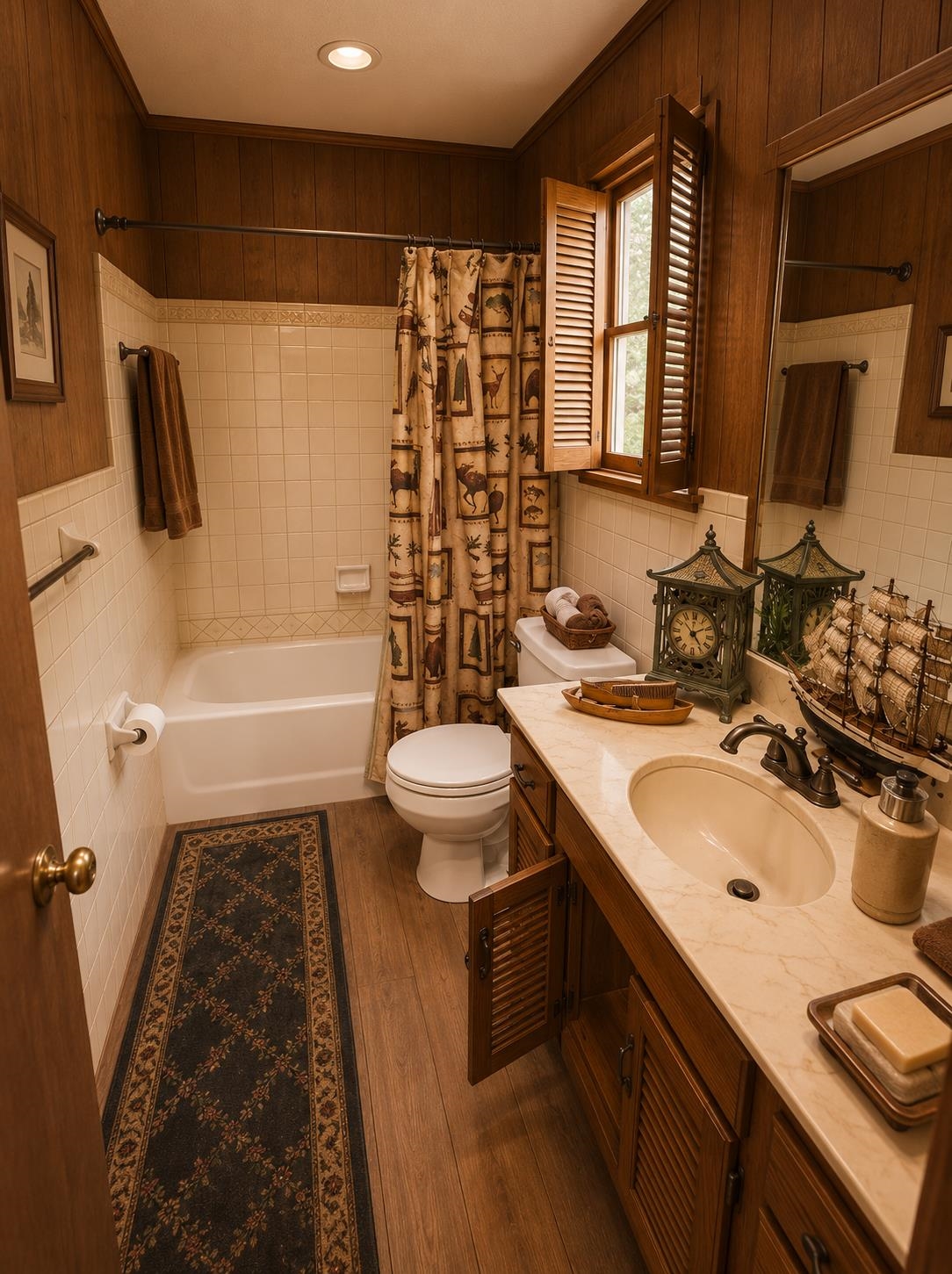7280 Walsh Road Millington, TN 38053 - Photo 28 of 34 Full bathroom featuring a single vanity with a solid surface countertop, wood-finish flooring, a combination tub and shower, and wood paneling
