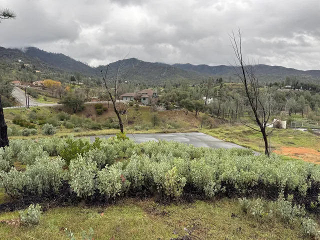 a view of a town with mountains in the background