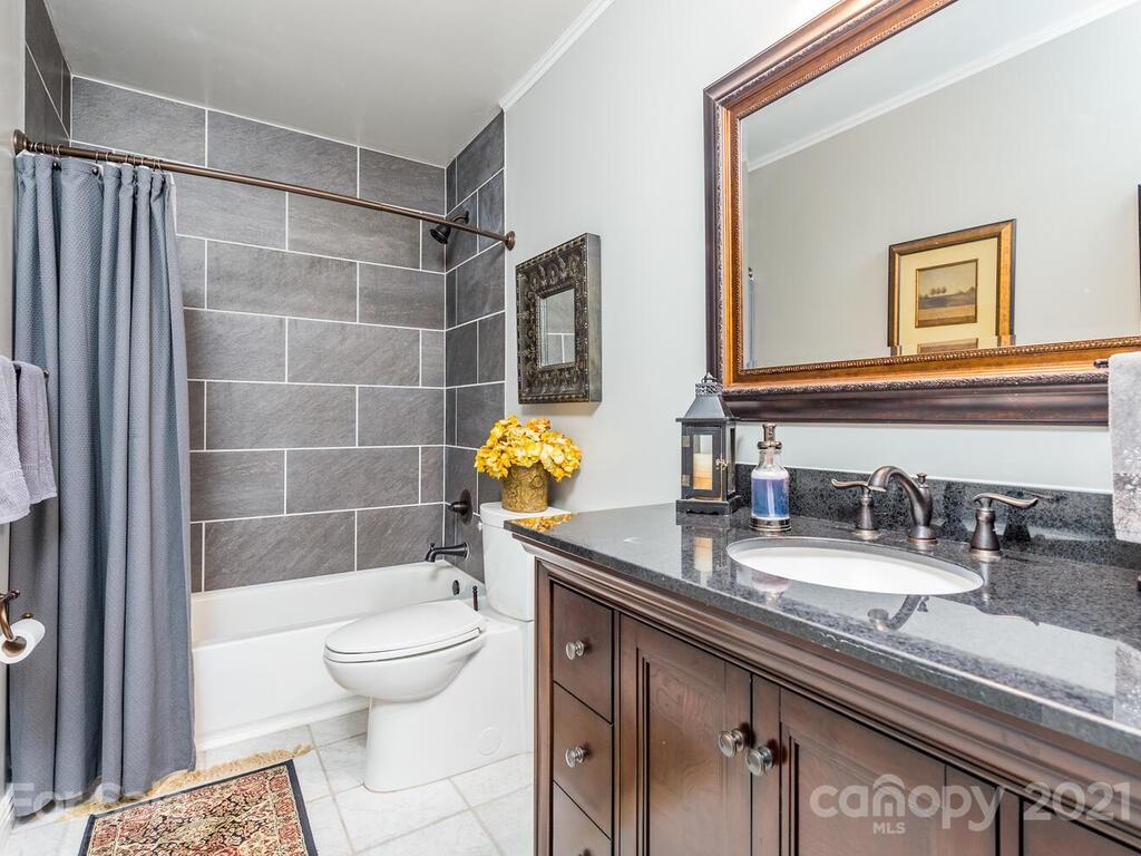 595 Hunters Ridge Road, Unit 20 Canton, NC 28716 - Photo 28 of 47 a bathroom with a granite countertop sink a toilet and shower