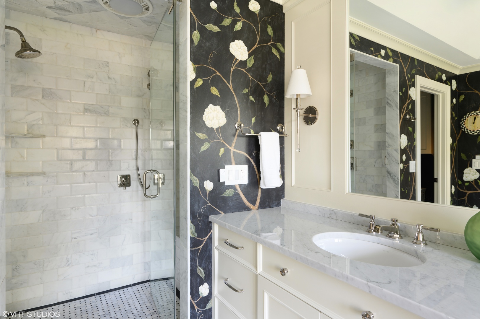 909 Windsor Road Glenview, IL 60025 - Photo 27 of 47 a bathroom with a granite countertop shower sink and mirror