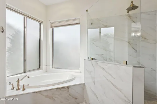 a bathroom with a bathtub and a shower