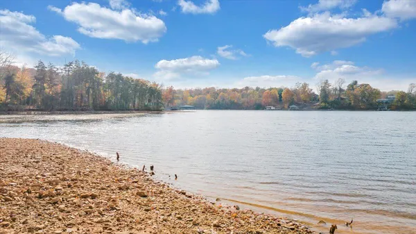a view of a lake with a nearby beach