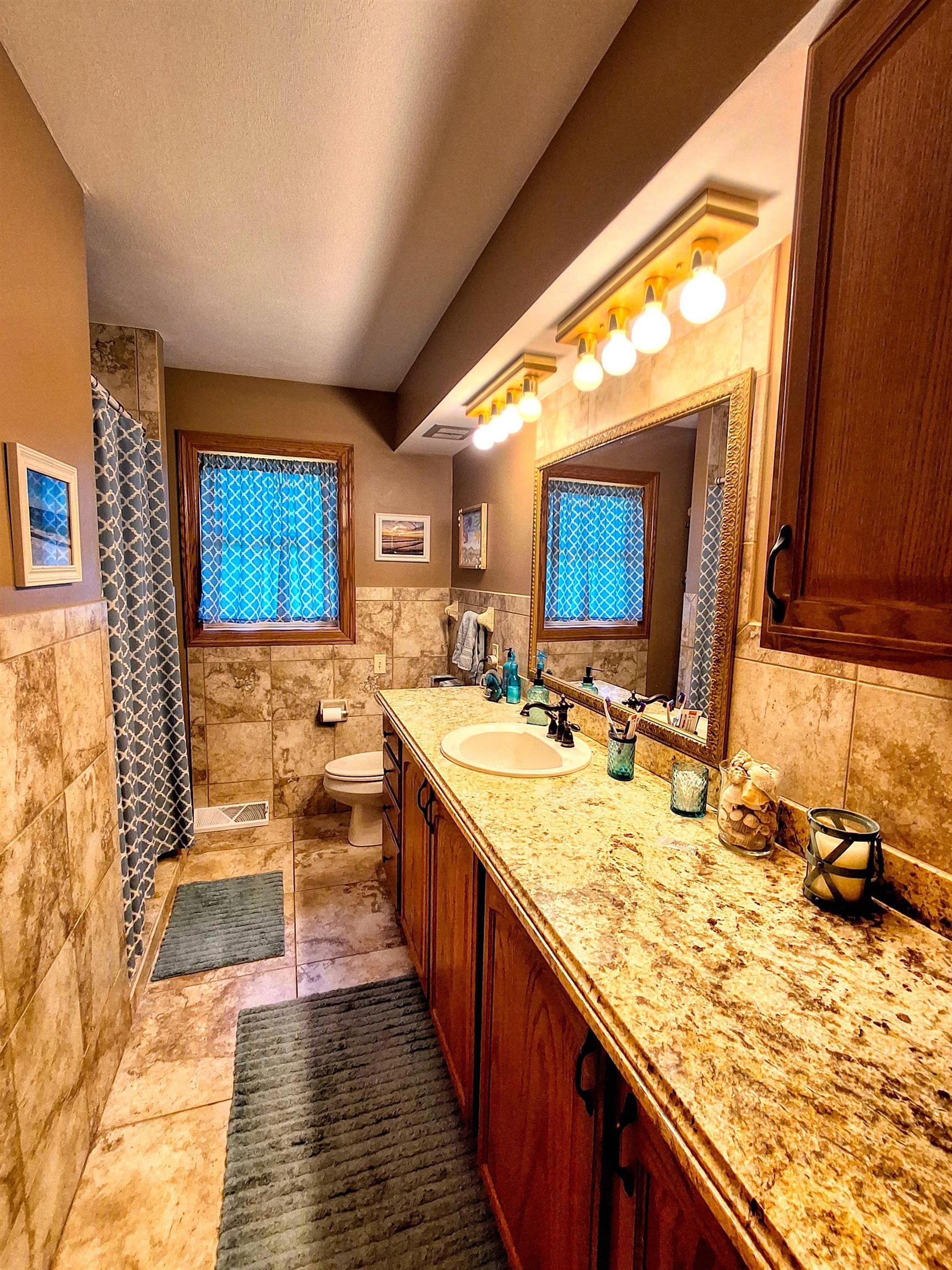 7009 West Pearl City Road Freeport, IL 61032 - Photo 19 of 35 a bathroom with a granite countertop sink and a large mirror