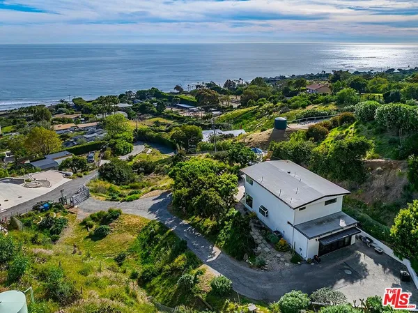 a view of a garden with an ocean