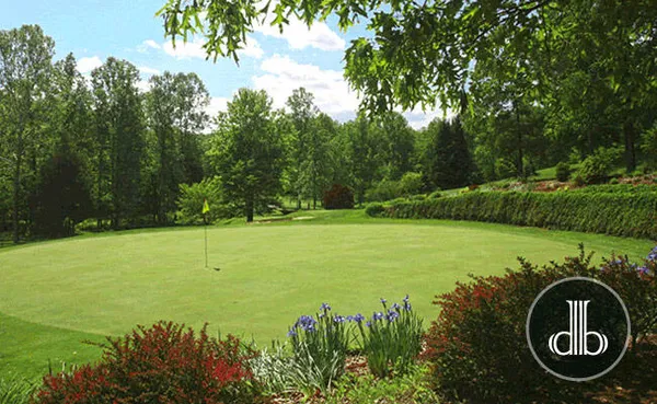a view of a golf course with a garden