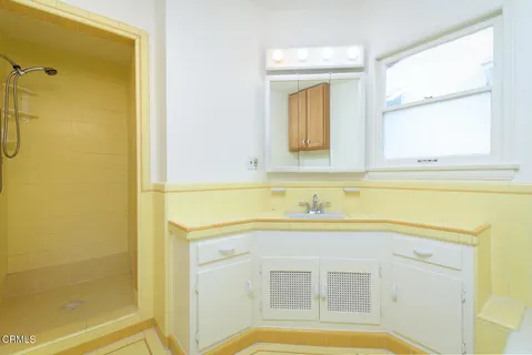 a bathroom with a sink a mirror and a shower