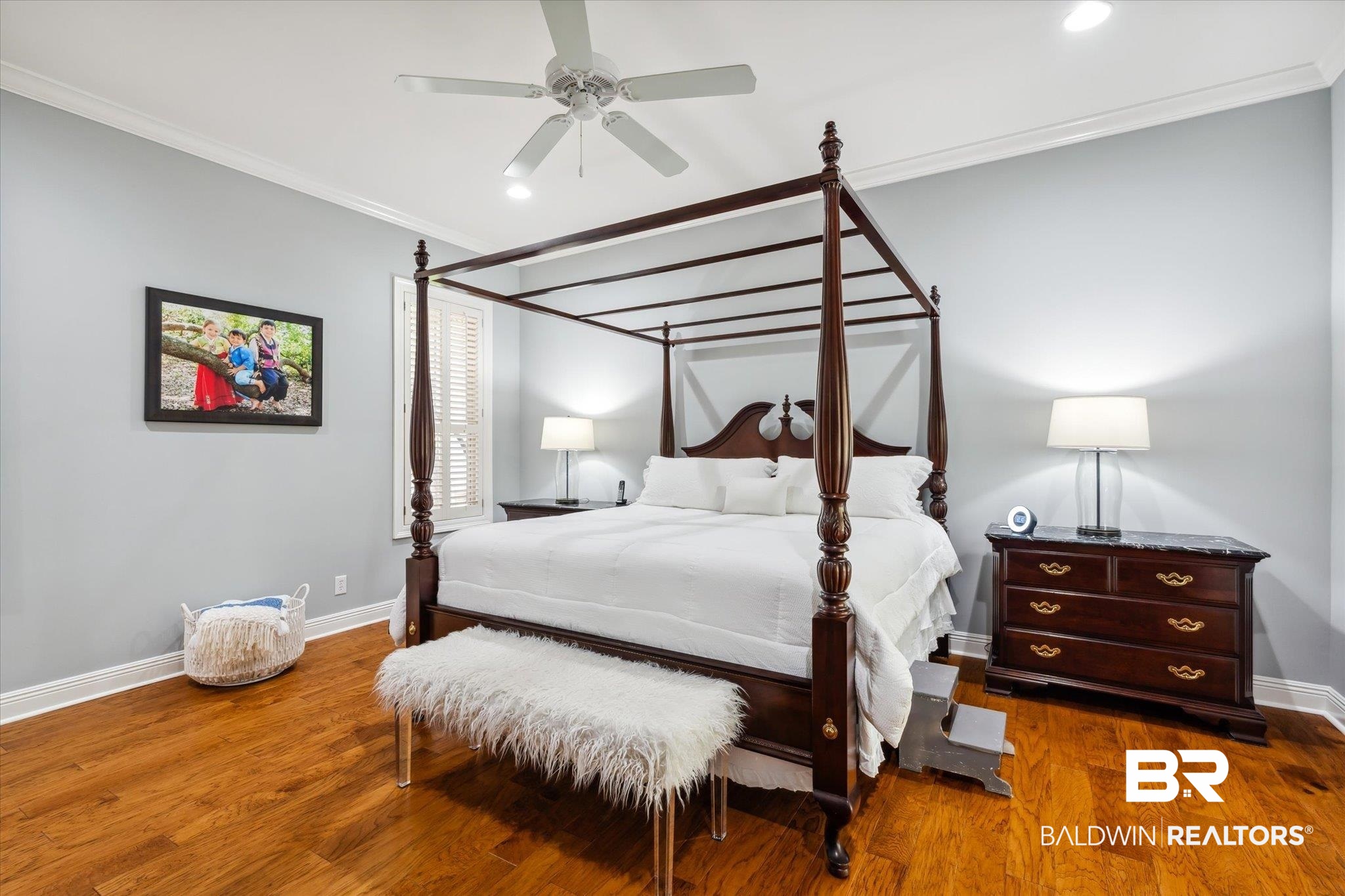 804 Country Club Road Mobile, AL 36609 - Photo 16 of 63 Bedroom with wood-type flooring, ceiling fan, and crown molding