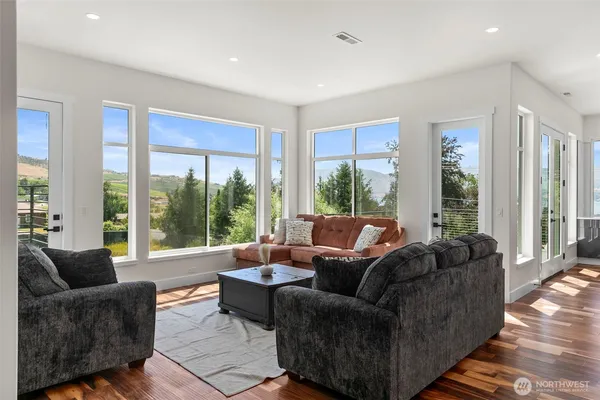 a living room with furniture and a large window