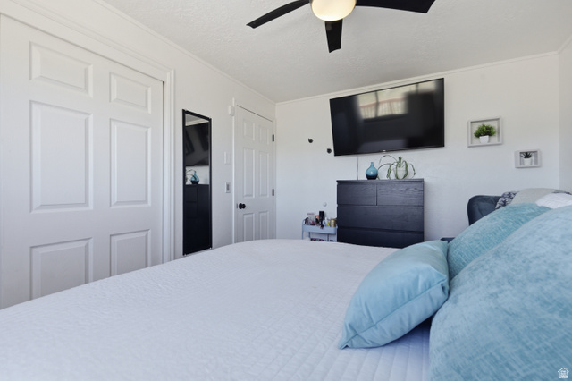 830 North Stone Road Snowville, UT 84336 - Photo 12 of 69 Bedroom with a textured ceiling, a ceiling fan, and crown molding