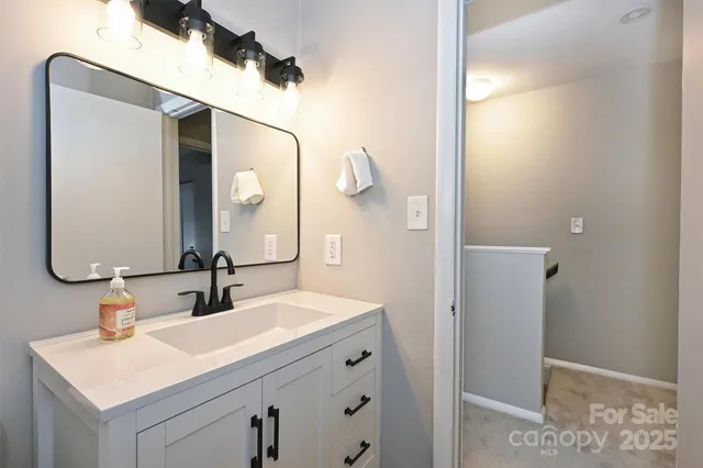 a bathroom with a sink vanity and a mirror