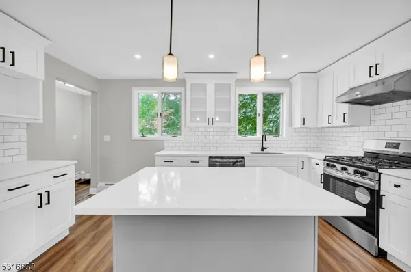 a kitchen with a stove a sink and a refrigerator