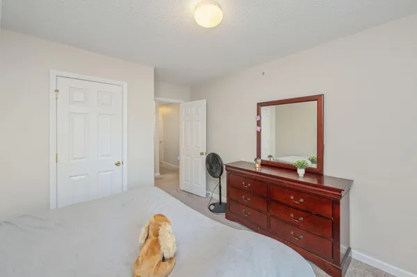 a room with a bed and a mirror on dresser