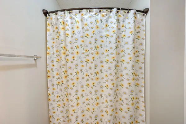 a bathroom with a shower curtain