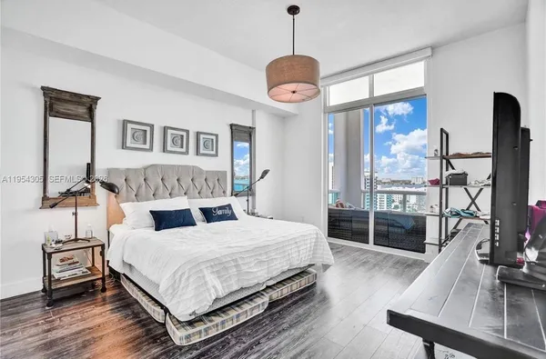a bedroom with a bed and a flat tv screen on the dresser