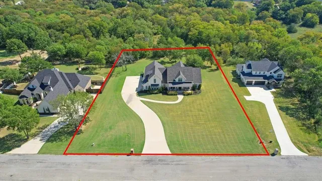 an aerial view of a swimming pool