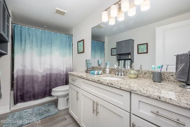 a bathroom with a granite countertop sink a toilet and shower