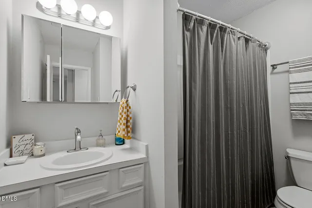 a bathroom with a sink vanity mirror and toilet