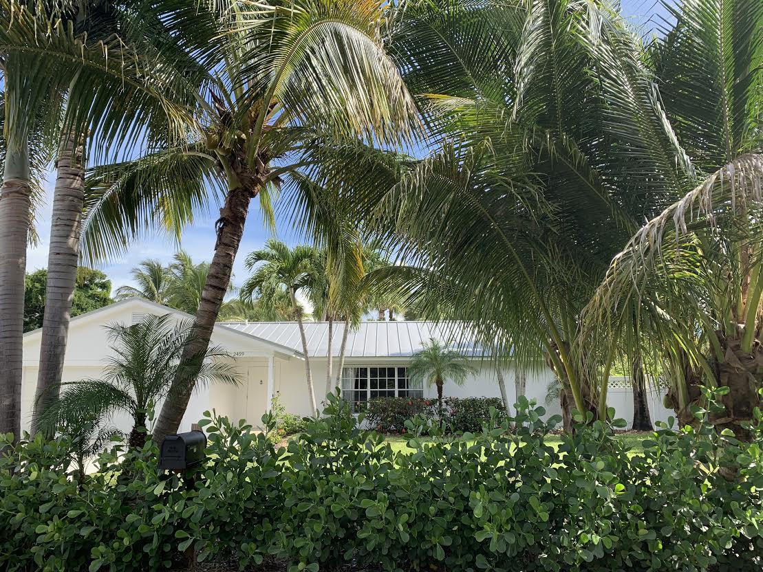a front view of a house with a palm tree