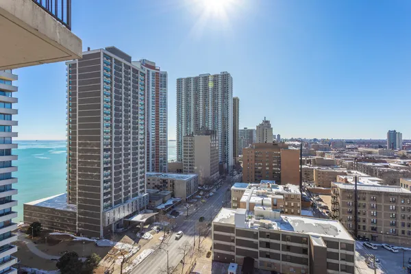 a city view with tall buildings