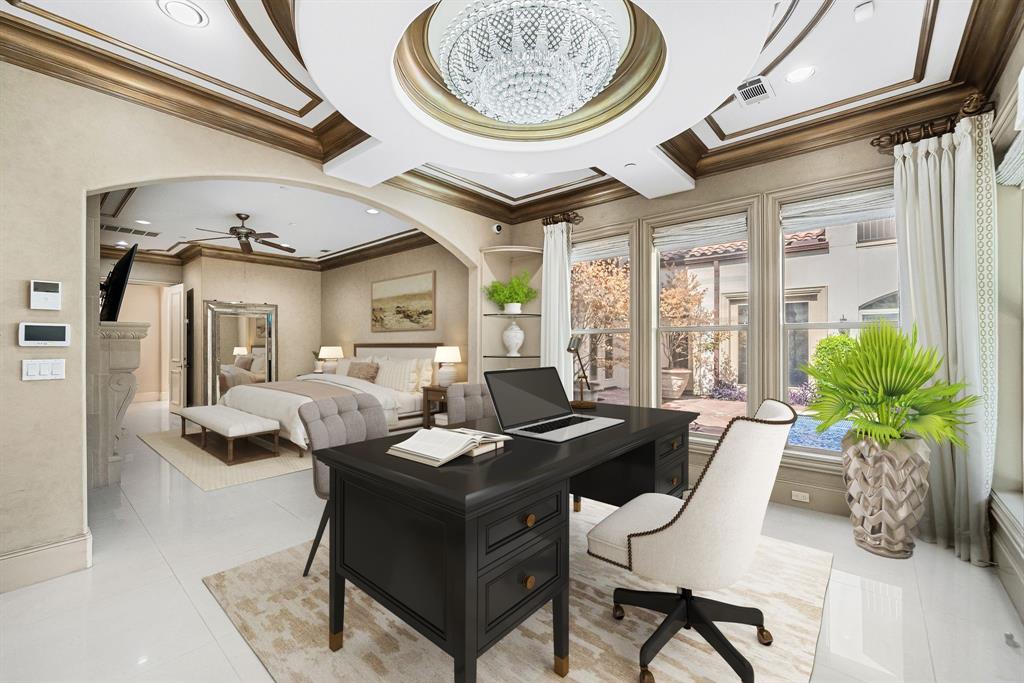 5821 Northaven Road Dallas, TX 75230 - Photo 13 of 40 Tray ceiling with ornate crown molding and a crystal chandelier