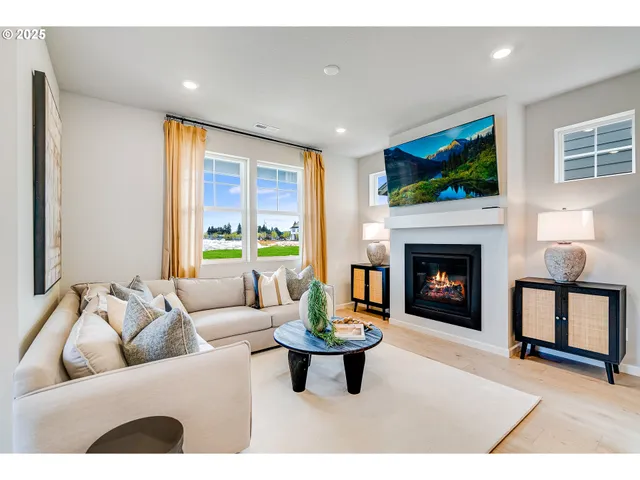 a living room with furniture a flat screen tv and a fireplace